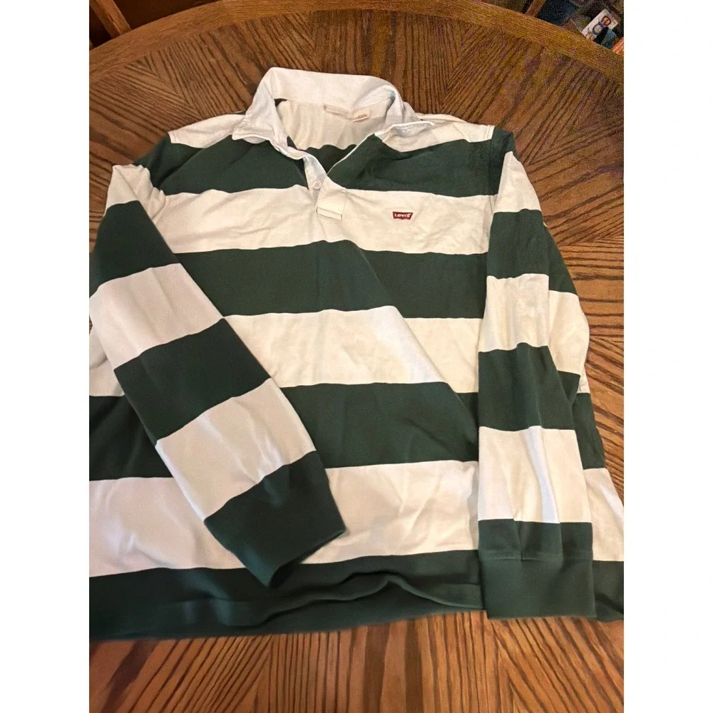 Levis Mens Relaxed Fit Rugby Shirt Green White Striped Long Sleeve Polo Large